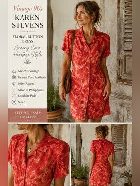Vntg 90s Karen Stevens Floral Rayon Shirt Dress Cottagecore Grannycore Heritage